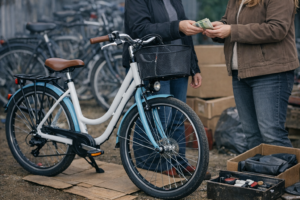 Twee dames verhandelen een fiets die eerst ontvreemd is van een Slachtoffer van Oplichting