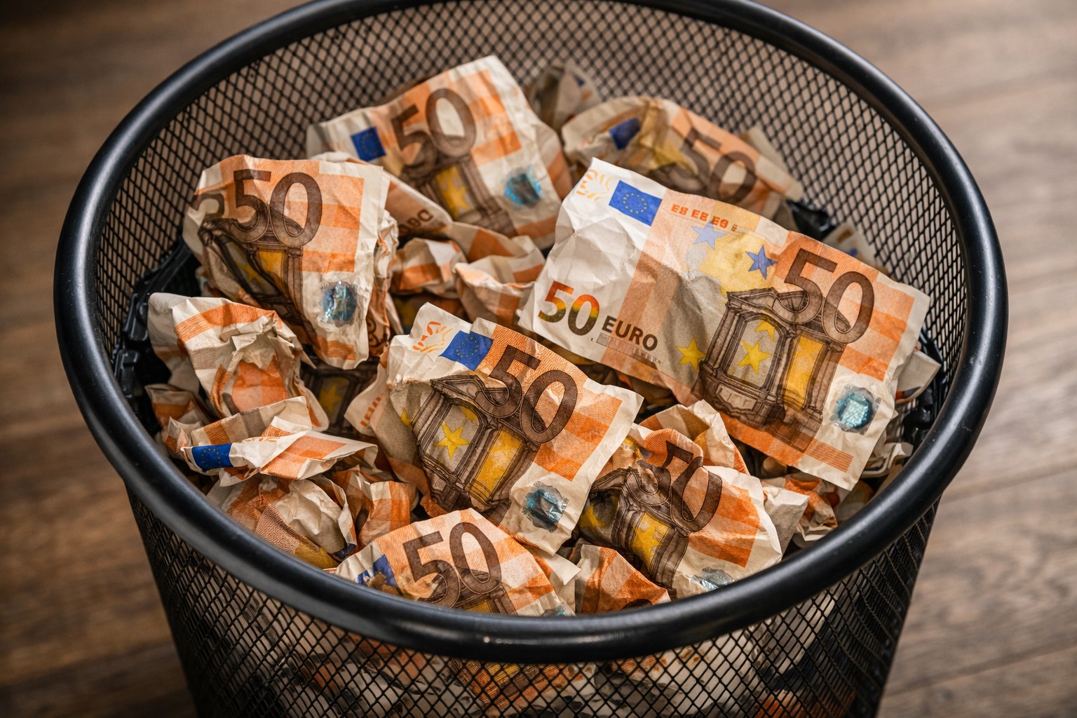 Een prullenbak emt daarin verfrommelde briefjes van 50 Euro.