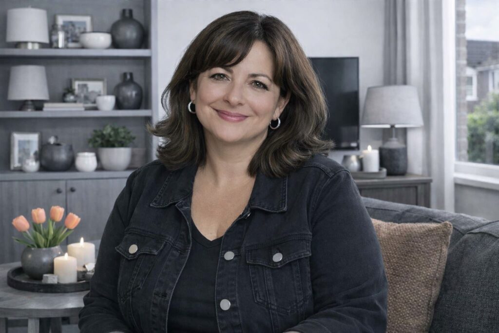 Karin in haar woonkamer