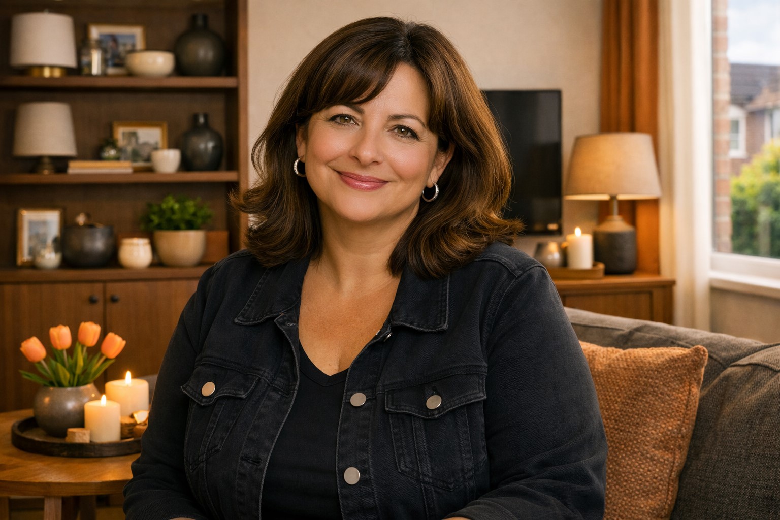 Karin in haar woonkamer