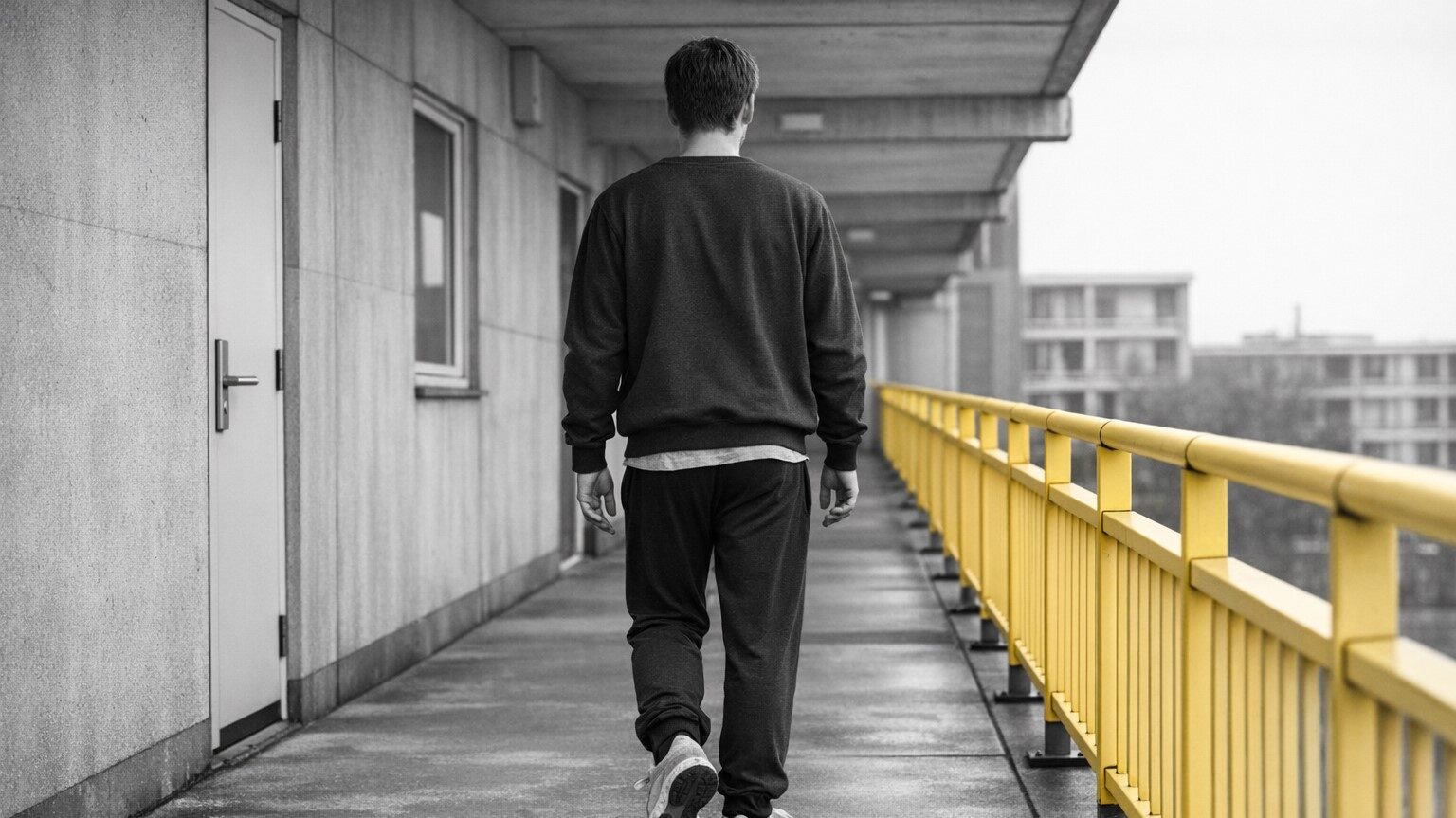 Milan op zijn galerij. We zien hem van acheteren gefotografeerd.