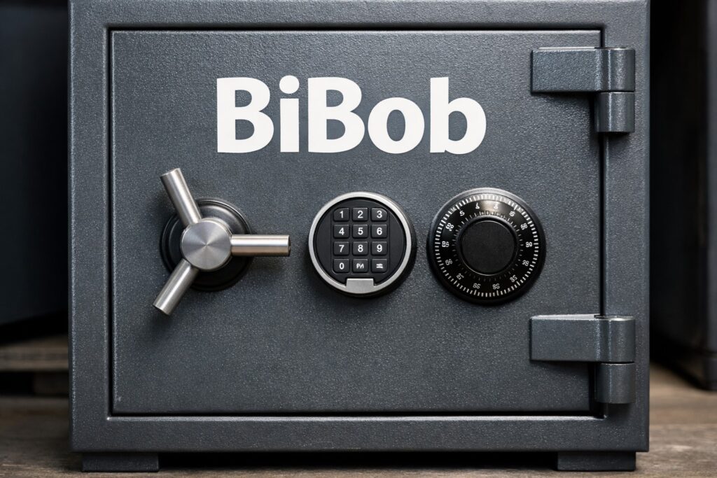 We zien een kluis met de letters BiBob er op.