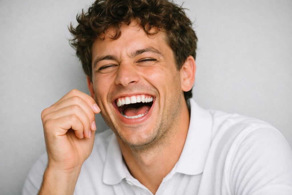 Een man die heel hard moet lachen omdat de oplichters zijn gepakt.