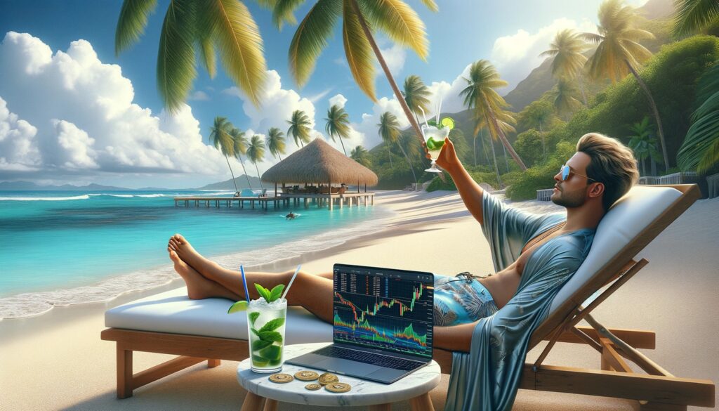 Een duidelijk met AI gemaakte foto van een man op een stretcher op een tropisch strand. Hij proost met een cocktail naar iemand of iets dat we niet zien. Op het tafeltje naast hem staat een opengeklapte laptop met zijn winsten en nog een glas. Er liggen ook een aantal muntstukken op het tafeltje.