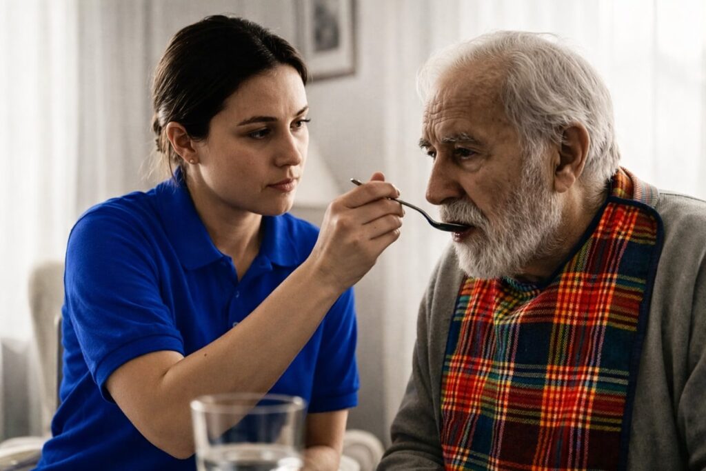 Foto van een jonge vrouw die een oudere, kwetsbare man vakkundig en met zorg met een lepel eten geeft. De vrouw kijkt met een serieuze, geconcentreerde blik naar de man. De oudere man heeft een grijze baard, draagt een geruite slabber en kijkt kwetsbaar voor zich uit terwijl hij de lepel naar zijn mond krijgt. De setting is een lichte, huiselijke omgeving.