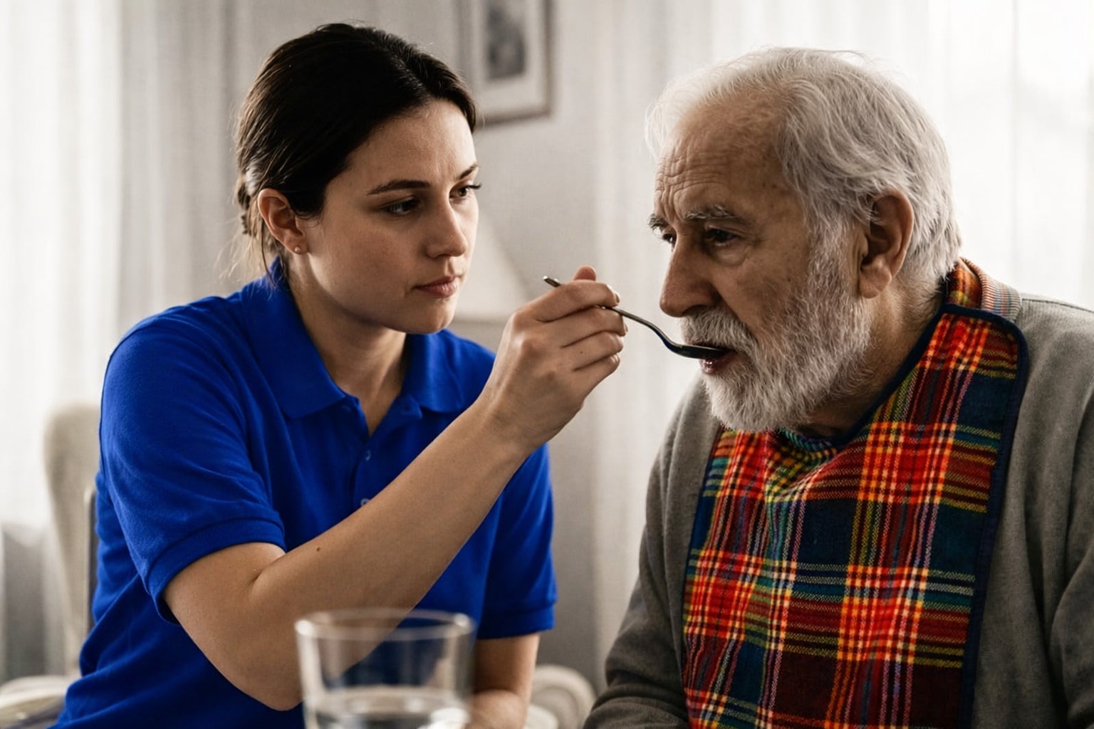 Foto van een jonge vrouw die een oudere, kwetsbare man vakkundig en met zorg met een lepel eten geeft. De vrouw kijkt met een serieuze, geconcentreerde blik naar de man. De oudere man heeft een grijze baard, draagt een geruite slabber en kijkt kwetsbaar voor zich uit terwijl hij de lepel naar zijn mond krijgt. De setting is een lichte, huiselijke omgeving.