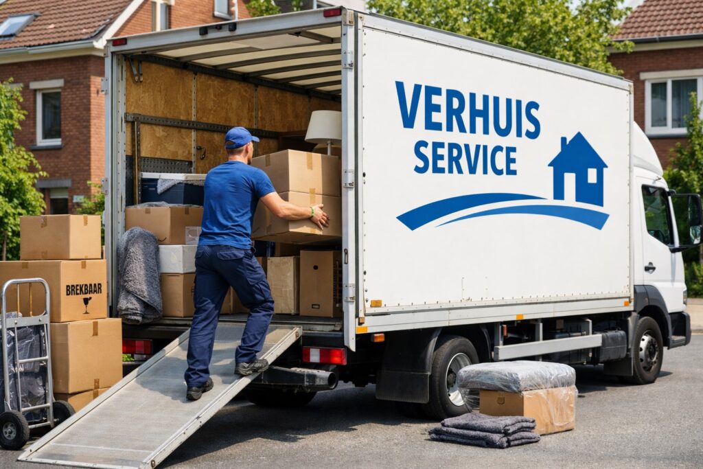 We zien een verhuizer een verhuiswagen laden.