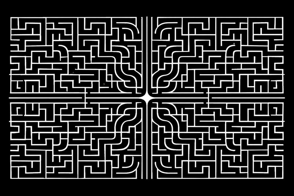 Een zwart‑wit digitaal doolhof in 16:9‑verhouding met symmetrische structuur. Witte lijnen vormen een complex patroon van paden en hoeken op een zwarte achtergrond. In het midden komen vier hoofdgangen samen tot een scherp, vierkant kruispunt dat het centrale focuspunt markeert.