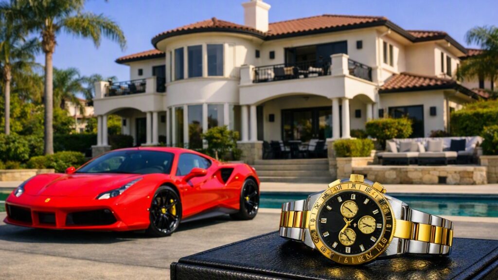 Rode Ferrari links op een oprijlaan, luxe mediterrane villa centraal op de achtergrond, en een beschadigde goud‑stalen Rolex Daytona horloge rechts op een zwarte lederen box in de voorgrond.