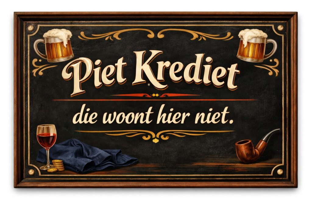 Een klassiek cafébordje met de tekst ‘Piet Krediet die woont hier niet’. Het bord heeft een zwarte achtergrond met sierlijke gouden randen, twee bierpullen bovenaan en kleine illustraties van een wijnglas, muntjes en een pijp onderaan. De tekst is in ouderwetse crème‑kleurige letters met rode accenten, in de stijl van een nostalgisch kroegbord.