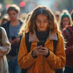 Mensen lopen over straat met hun ogen gericht op hum telefoon. Ze zijn er helemaal in verdiept en zien niet wat er om hen heen gebeurt.