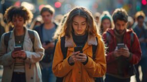 Mensen lopen over straat met hun ogen gericht op hum telefoon. Ze zijn er helemaal in verdiept en zien niet wat er om hen heen gebeurt.