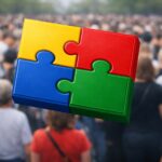 Een 3D-illustratie van vier dikke puzzelstukken die samen een rechthoek vormen, zwevend tegen een donkergrijze achtergrond met een zachte lichtvlek in het midden. Linksbooven zit een geel stuk, rechtsboven een rood stuk, linksonder een blauw stuk en rechtsonder een groen stuk. De puzzelstukken hebben matte, felle kleuren en duidelijke schaduwen langs de randen.