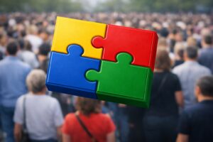 Een 3D-illustratie van vier dikke puzzelstukken die samen een rechthoek vormen, zwevend tegen een donkergrijze achtergrond met een zachte lichtvlek in het midden. Linksbooven zit een geel stuk, rechtsboven een rood stuk, linksonder een blauw stuk en rechtsonder een groen stuk. De puzzelstukken hebben matte, felle kleuren en duidelijke schaduwen langs de randen.