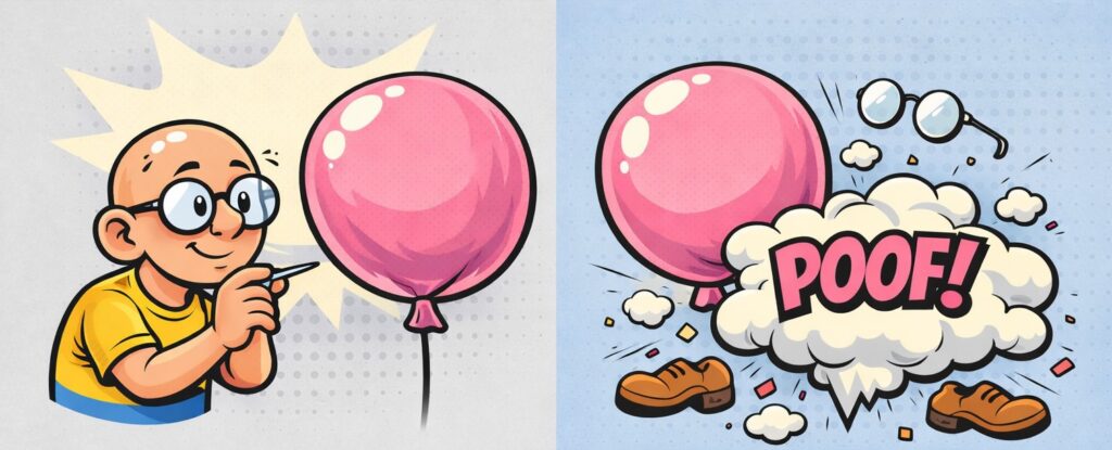 Een tweeluik in pastel pop‑artstijl. Links staat een kaal, sullig mannetje met bril en gele trui dat met een naald een grote roze ballon wil prikken. De achtergrond is lichtgrijs met subtiele halftone‑dots. Rechts is dezelfde ballon nog intact, maar het mannetje is ontploft: een witte rookwolk met het woord “POOF!”, zijn bril en schoenen zweven in de lucht tegen een pastelblauwe achtergrond.