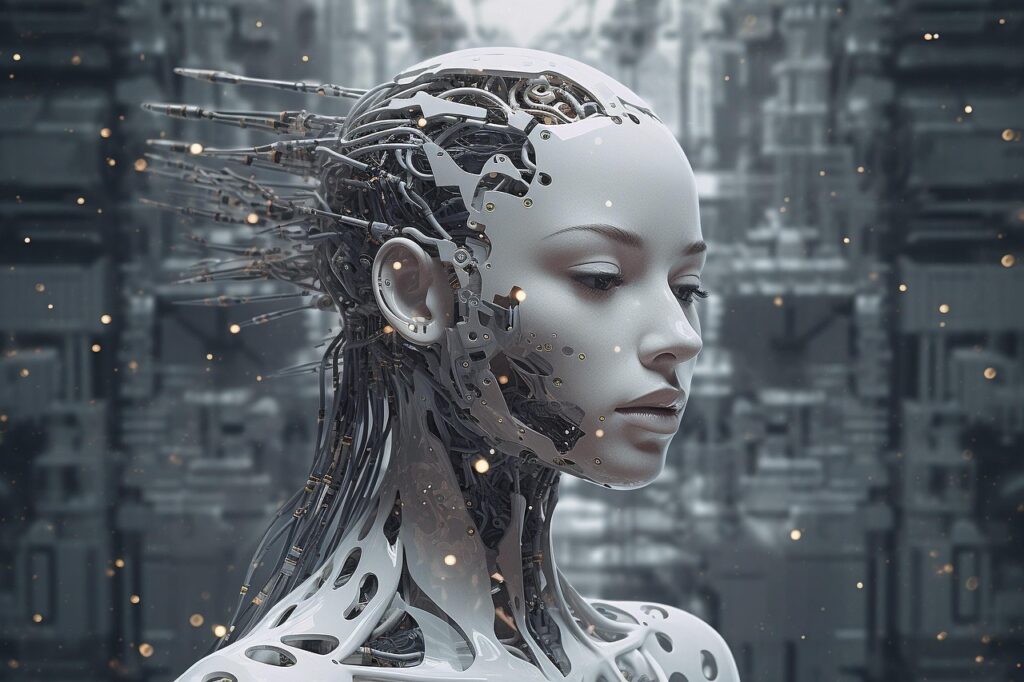 EEn met AI gemaakte afbeelding van een jonge vrouw. Haar hoofd, nek en hals zijn opengewerkt waardoor duidelijk te zien is dat zij een robot is.