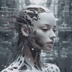 EEn met AI gemaakte afbeelding van een jonge vrouw. Haar hoofd, nek en hals zijn opengewerkt waardoor duidelijk te zien is dat zij een robot is.
