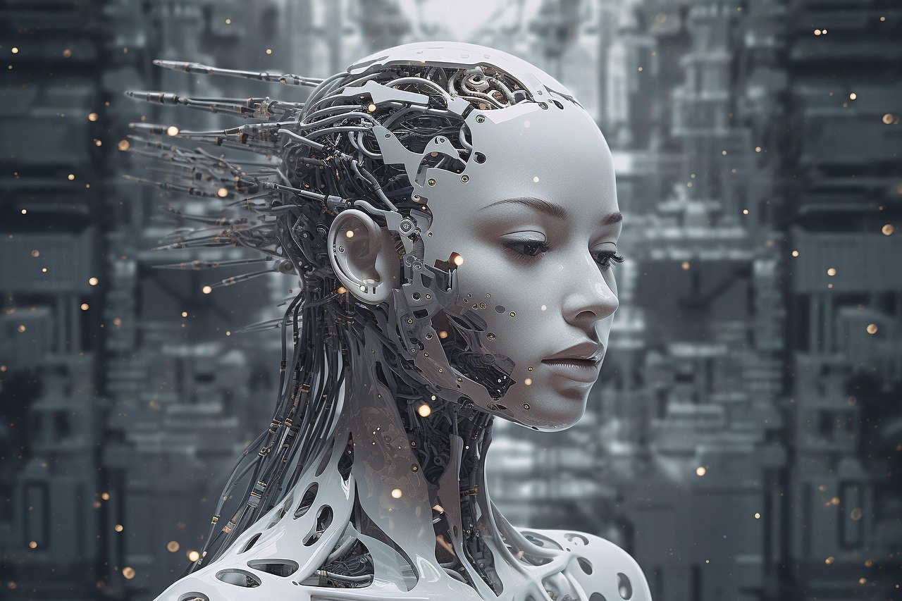 EEn met AI gemaakte afbeelding van een jonge vrouw. Haar hoofd, nek en hals zijn opengewerkt waardoor duidelijk te zien is dat zij een robot is.